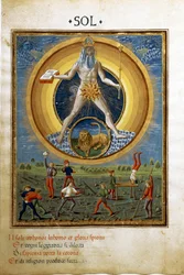 Sole con il segno zodiacale del leone. Scene di esercizi fisici degli uomini (miniatura, c.1470)