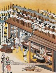 Artigiani al lavoro, dipingendo schermi di seta, Periodo Edo (1600-1868)