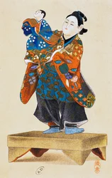 Burattinaio con burattino, teatro dei burattini, stampa d