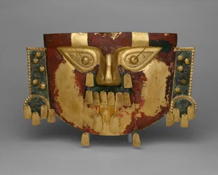 Maschera funeraria peruviana, 900-1100 d.C. (oro, sovrapposizioni in argento-rame, cinabro)
