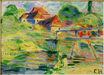 Castello di Pretzfeld con bagnanti sulla riva del fiume