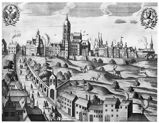 Vista di Praga con il Palazzo Imperiale e il Collegio di Teologia, c.1618