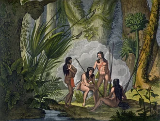 Membri della tribù Camacani in una zona boscosa della giungla amazzonica, Brasile, da «Le Costume Ancien et Moderne», volume I, tavola 53, di Jules Ferrario, pubblicato circa negli anni 1820-30
