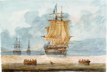 Nave da guerra britannica e altre navi in un ancoraggio, con barche della nave in primo piano, c.1798-1805