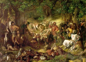 Robin Hood e i suoi allegri compagni intrattengono Riccardo Cuor di Leone nella foresta di Sherwood