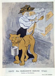 Marguerite Durand che attacca i suoi manifesti elettorali - di Daniel De Losques, in “Fantasio” del 01/04/1910