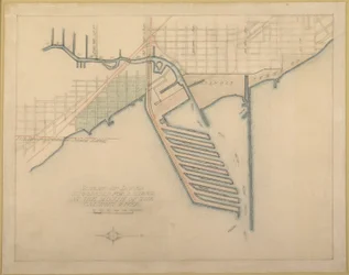Tavola 72 dal Piano di Chicago: Chicago. Diagramma di schizzo dei moli suggeriti alla foce
