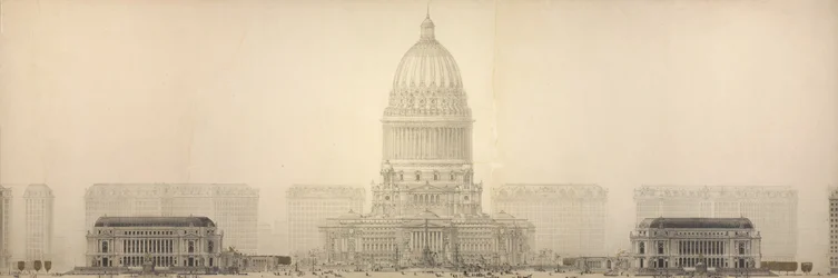 Piastra 131 da La pianta di Chicago, 1909: Chicago. Elevazione che mostra il gruppo di edifici che costituiscono il Civic Center proposto.