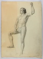 Disegno, Nudo maschile con un piede su un gradino, 1858