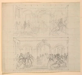 Disegno, due composizioni di figure per il dipinto "Il ricevimento di Lady Washington", 1860