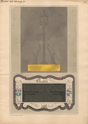 Resti della lastra di ottone e memoriale a William Nicol e Ann sua moglie e Elizabeth sua figlia e William suo figlio della chiesa di Hendon