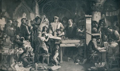 Caxton mostra il primo esemplare della sua stampa a Re Edoardo IV, c1858, 1911