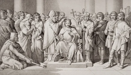 Incoronazione di Aroldo II (ca. 1022-66), re degli Anglosassoni nel 1066 d.C., da «Illustrazioni della storia inglese e scozzese», volume I