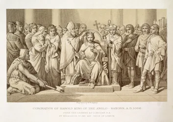 Incoronazione di Aroldo, re degli Anglosassoni, incisa da W. Ridgeway