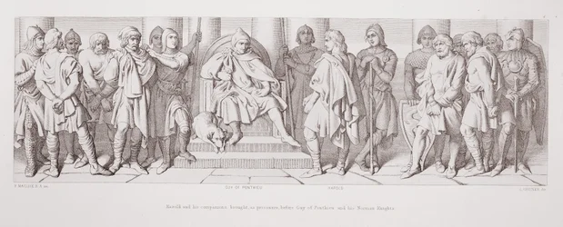 Harold e i suoi compagni portati, come prigionieri, davanti a Guy di Ponthieu e ai suoi cavalieri normanni, da 