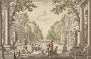 Veduta di un giardino di palazzo con uno stagno centrale circondato da architettura classica ..., ca. 1700-1720