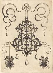 Grande pendente, in basso a sinistra e a destra due mazzi di erba, fiori e frutta