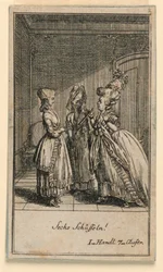 Una donna anziana che sgrida una ragazza, illustrazione della commedia "Nicht mehr als sachs Schuesseln" di Fredrich Wilhelm Grossman in "Königl: Grosbrit [anische] Genealogischer Kalender auf das 1782 Jahr Lauenberg bey J.G. Berenberg"