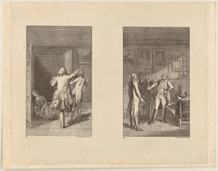 Il barone scaccia Candide dal castello [a sinistra]; Candide, Cunegonda e la vecchia davanti al governatore di Buenos Aires [a destra]
