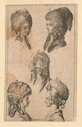 Cinque copricapi, come indossati dalle donne di Berlino, illustrazione per "Königl: Grosbrit [anische] Genealogischer Kalender auf das 1782 Jahr Lauenberg bey J.G. Berenberg"