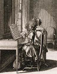 Musica, donna che suona il clavicembalo, di Daniel Niklaus Chodowiecki, da Occupations des dames, Germania, Polonia