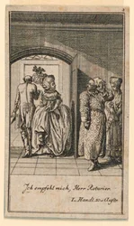 La coppia anziana che termina con arroganza una visita, illustrazione della commedia "Nicht mehr als sachs Schuesseln" di Fredrich Wilhelm Grossman in "Königl: Grosbrit [anische] Genealogischer Kalender auf das 1782 Jahr Lauenberg bey J.G. Berenberg"