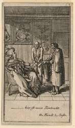 La donna anziana assume un uomo, illustrazione della commedia "Nicht mehr als sachs Schuesseln" di Fredrich Wilhelm Grossman in "Königl: Grosbrit [anische] Genealogischer Kalender auf das 1782 Jahr Lauenberg bey J.G. Berenberg"