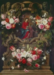Corona di fiori con Madonna e Bambino