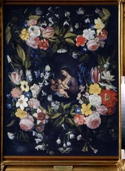 Corona di fiori con Madonna e Bambino