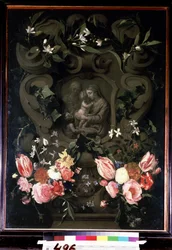 La Vergine e il Bambino, Santa Elisabetta e San Giovanni Battista bambino in una ghirlanda di fiori