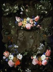 Nicchia in marmo decorata con fiori e contenente una rappresentazione dell