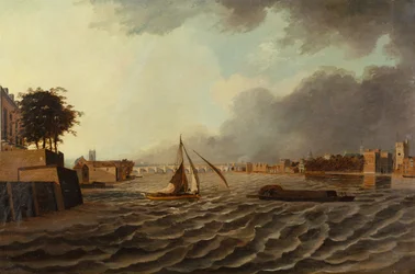 Una vista del Tamigi con il ponte di Westminster e il palazzo di Lambeth