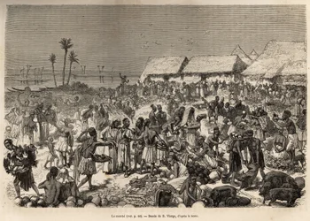 Un mercato molto animato vicino al fiume Congo, che riunisce più di tremila persone, incisa dopo un disegno di D.Vierge, illustrante l