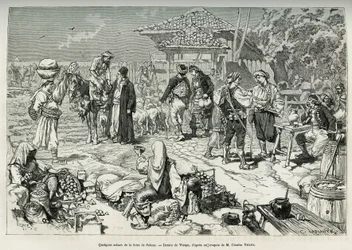 Scene comuni dalla fiera di Salone (Croazia), vendita di frutta, verdura, pollame e agnelli, nonché tavoli allestiti per dissetarsi. Incisione dal disegno di Virgo, per illustrare il viaggio in Dalmazia, di Charles Yriarte, nel 1874, pubblicato in "Le tour