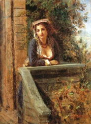 Giovane ragazza alla finestra o giovane donna sul balcone