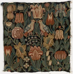 Copricuscino di arazzo raffigurante due uccelli tra i fiori, realizzato a Schleswig-Holstein, Danimarca, c.1690