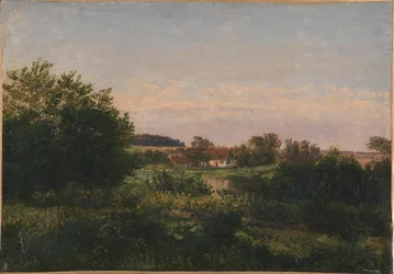 Paesaggio con un cottage accanto a uno stagno