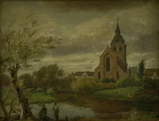 Chiesa di San Knud vicino al fiume a Odense. Autunno
