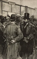 Sportelli bancari durante lo scandalo della Banca Romana, Roma, Italia, incisione da un disegno di Dante Paolocci, da L