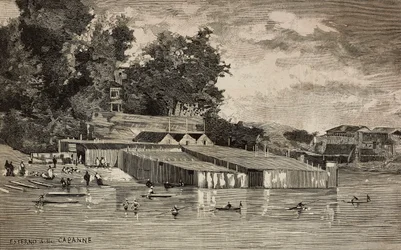 Stabilimento balneare, bagni pubblici del Tevere a Roma, Italia, incisione da un disegno di Dante Paolocci, da L