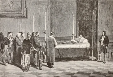 Il corpo del cardinale Giacomo Antonelli esposto in una delle stanze del Vaticano, incisione da un disegno di Dante Paolocci, da L
