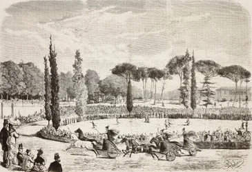 Corse di carri a Villa Borghese, Roma, Italia, incisione da un disegno di Dante Paolocci, da L