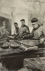 Conteggio delle monete nella zecca di Roma, Italia, incisione dopo un disegno di Dante Paolocci, da L