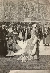 Sala dei Corazzieri al Quirinale durante una festa, Roma, Italia, incisione di Francesco Giovanni Cantagalli da un disegno di Dante Paolocci, da L