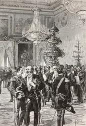 Politici e ufficiali italiani che celebrano la vigilia di Capodanno al Palazzo del Quirinale, Roma, Italia, incisione di Centenari da un disegno di Dante Paolocci, da L
