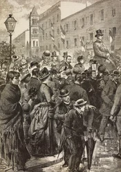 Re Umberto I e la regina Margherita di ritorno dalla loro visita a Napoli colpita dal colera, Roma, Italia, incisione da un disegno di Dante Paolocci, da L