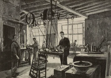 Officina meccanica nella zecca di Roma, Italia, incisione dopo un disegno di Dante Paolocci, da L