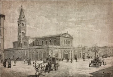 Nuova chiesa del Sacro Cuore a Roma, Italia, incisione da un disegno di Dante Paolocci, da L
