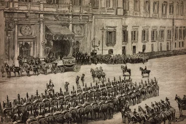 Apertura del Parlamento, arrivo del Re Umberto I a Montecitorio, Roma, Italia, incisione da un disegno di Dante Paolocci, L
