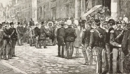 Politici e ufficiali che partecipano al corteo funebre di Luigi Mezzacapo (1814-1885), politico e ufficiale italiano, Roma, Italia, incisione da un disegno di Dante Paolocci, da L